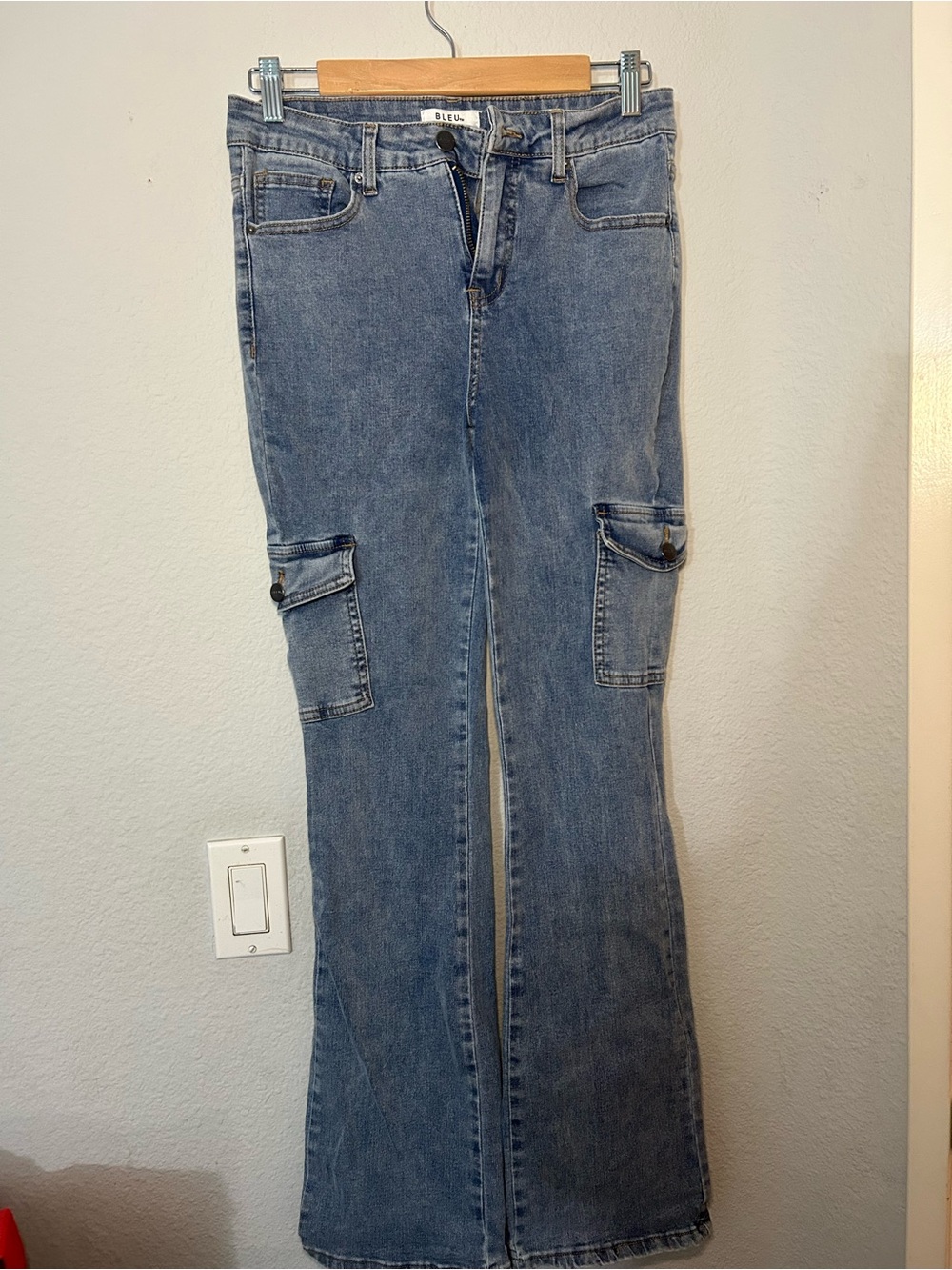 BLVD Light Wash Cargo Flare Jeans - Women's Blue Wide Leg